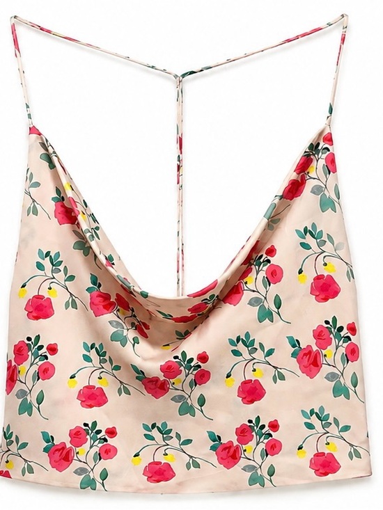 Zara Tops - Zara Pink Floral Cowl-Neck Satin Cami